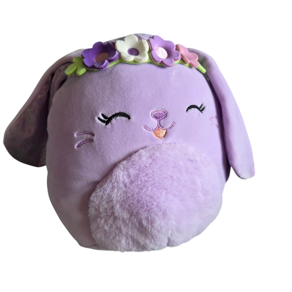 NWT Squishmallows 8” Easter Purple Bunny Bubbles with Flower Crown & Fuzzy Belly
